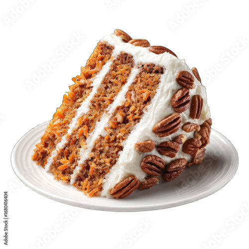 Carrot cake slice, frosted with cream cheese frosting and topped with pecans