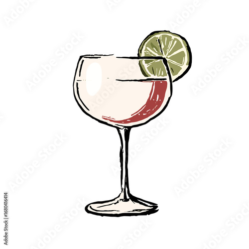 Hand-drawn illustration of a classic cocktail in a coupe glass with a lime garnish. Sketchy and colorful drink vector isolated on a transparent background.