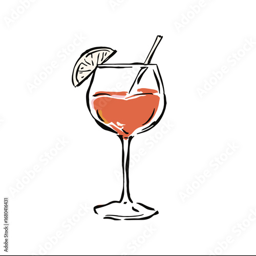 Hand-drawn illustration of a summer cocktail. Sketchy Aperol Spritz in a wine glass with an orange slice and straw. Refreshing alcoholic beverage vector art.