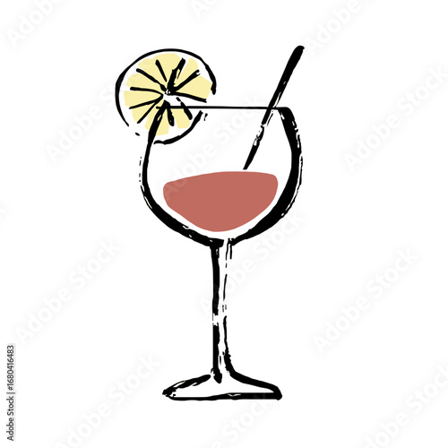 Hand-drawn cocktail illustration of a wine glass with a lemon slice garnish. Sketchy, minimalist drink icon isolated on a transparent background.