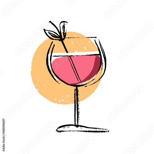 Hand-drawn illustration of a glass of rosé wine or pink cocktail. Sketchy, modern vector art with a textured background for a menu or party invitation.