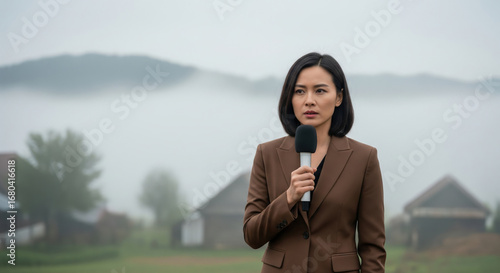 Female reporter brown suit microphone outdoor foggy rural news journalism professional serious Reporting live outdoors female journalist brown suit holds microphone standing foggy rural area with