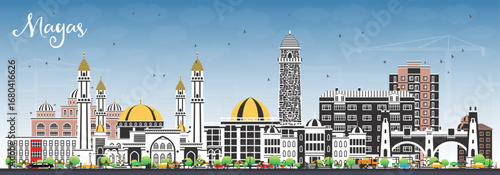 Magas Russia city skyline with color buildings and blue sky. Magas cityscape with landmarks. Business travel and tourism concept with modern and historic architecture.