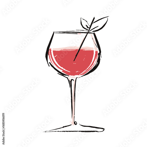 Hand-drawn illustration of a glass of red wine. Sketchy ink drawing of a cocktail with a leaf garnish on a transparent background.
