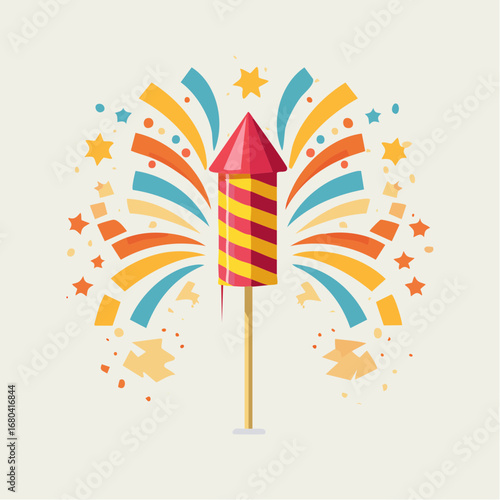 A colorful firework rocket exploding with sparks and confetti.
