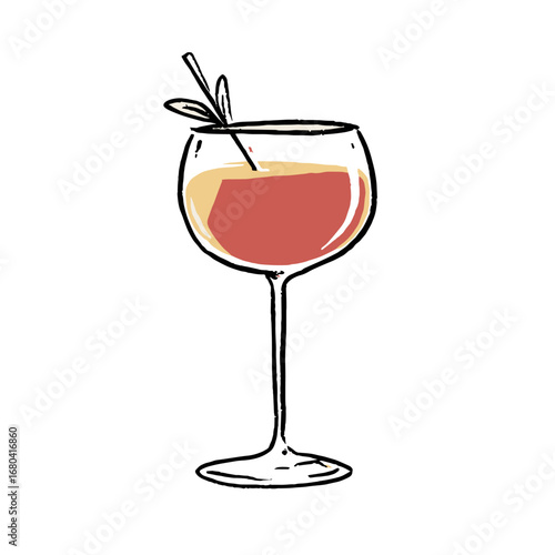 Hand-drawn illustration of a summer cocktail in a glass. Minimalist sketchy doodle of an alcoholic beverage, aperitif or spritz, isolated on a transparent background.