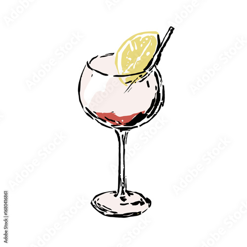 Hand-drawn sketch illustration of a refreshing cocktail in a glass. Isolated alcoholic beverage with a lemon slice garnish on a transparent background.