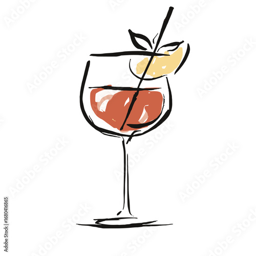Hand-drawn sketch illustration of a summer cocktail. Minimalist ink drawing of a refreshing alcoholic beverage like an Aperol Spritz or sangria with a citrus garnish.