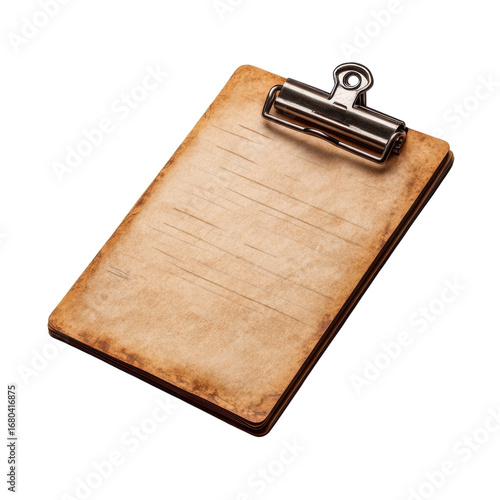 Vintage clipboard with aged paper and metal clip perfect for rustic notes reminders or historical documents against a on transparent background