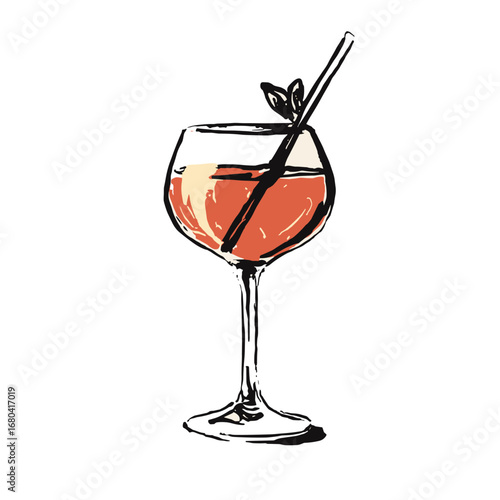 Hand-drawn illustration of a refreshing summer cocktail. Sketch of an Aperol Spritz in a wine glass with a straw and mint garnish on a transparent background.