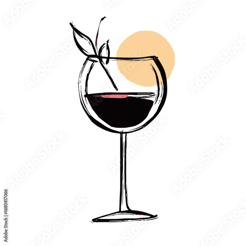 Hand-drawn illustration of a glass of red wine with a leaf garnish. Minimalist sketch style for a menu or invitation.