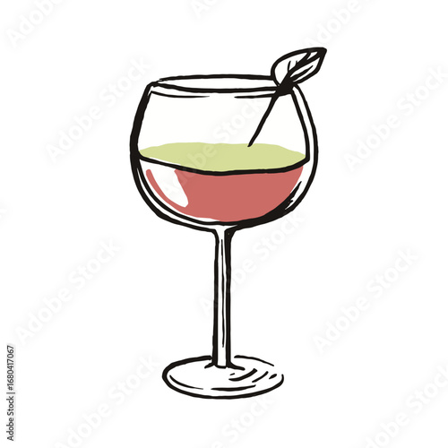 Hand-drawn illustration of a colorful layered cocktail in a wine glass. Sketchy vector art of an alcoholic beverage with a leaf garnish.