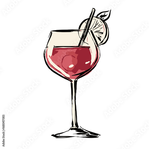 Hand-drawn illustration of a red cocktail in a wine glass. Sketch of a refreshing summer drink with a citrus garnish and straw.