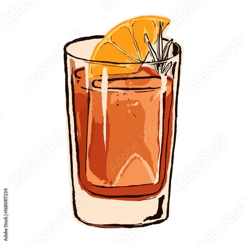 Hand-drawn illustration of a refreshing orange cocktail with a rosemary garnish. Artistic sketch of an alcoholic beverage in a glass on a transparent background.
