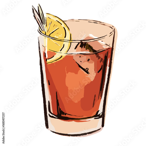 Stylized illustration of a refreshing cocktail with ice, a lemon slice, and a rosemary garnish in a glass. Hand-drawn alcoholic beverage on a transparent background.