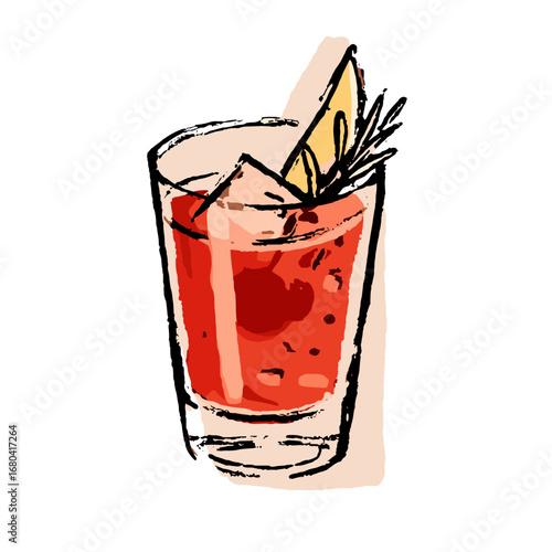 Hand-drawn illustration of a red cocktail with a lemon wedge and rosemary garnish. Sketchy artistic drawing of a refreshing alcoholic beverage.