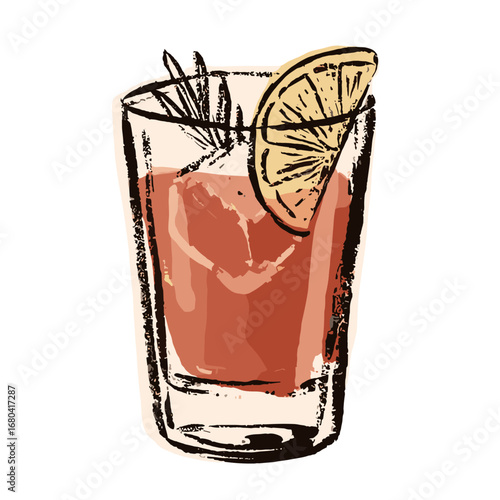 Hand-drawn illustration of a classic cocktail with a lemon slice and rosemary garnish. Artistic sketch of a refreshing alcoholic beverage on the rocks.