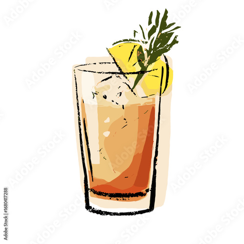 Stylized illustration of a refreshing summer cocktail with lemon and rosemary garnish. Hand-drawn alcoholic beverage in a glass with ice.
