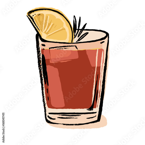 Hand-drawn illustration of a refreshing cocktail with a lemon slice and rosemary garnish. Sketchy style alcoholic beverage on a transparent background.