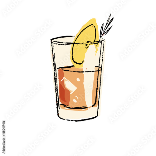 Hand-drawn illustration of a refreshing cocktail with an apple slice and rosemary garnish. Sketchy style alcoholic beverage on a transparent background.