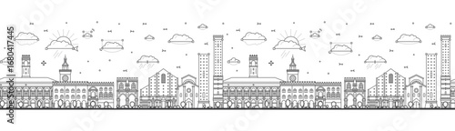 Seamless pattern with Outline Bologna Italy City Skyline with Historic Buildings Isolated on White. Bologna Cityscape with Landmarks.