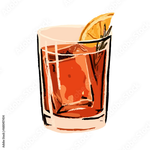 Illustrated Negroni cocktail in a rocks glass with a large ice cube and an orange slice garnish. Hand drawn alcoholic beverage on a transparent background.