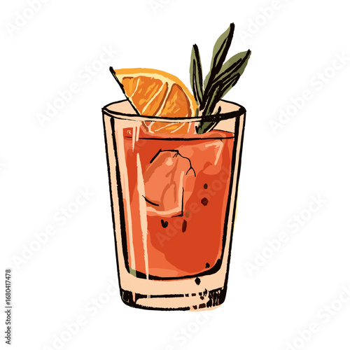 Hand-drawn illustration of a refreshing orange cocktail with ice. Sketchy aperitif drink with citrus and herb garnish isolated on transparent background.