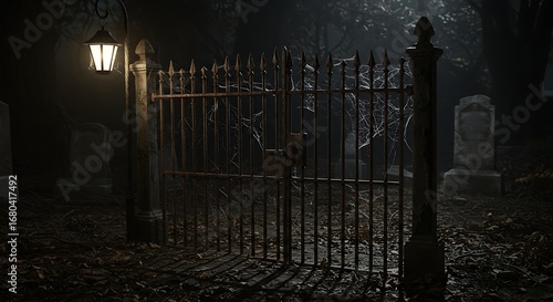 Creepy old cemetery gate illuminated by a single lantern on a foggy and dark night, a perfect scene for Halloween horror