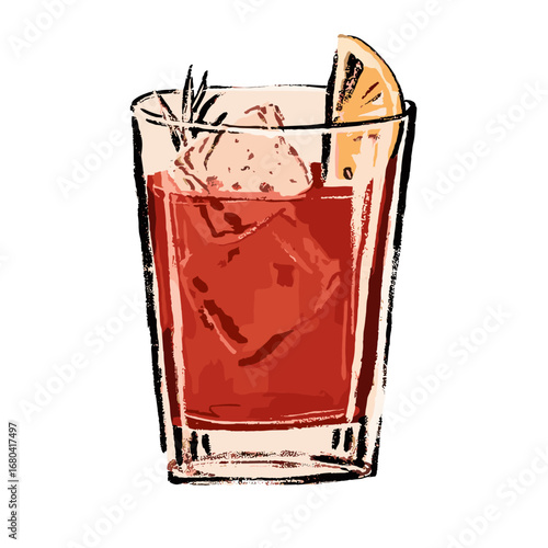 Hand-drawn illustration of a classic Negroni cocktail. Sketchy red alcoholic beverage with ice, orange slice, and rosemary garnish on a transparent background.