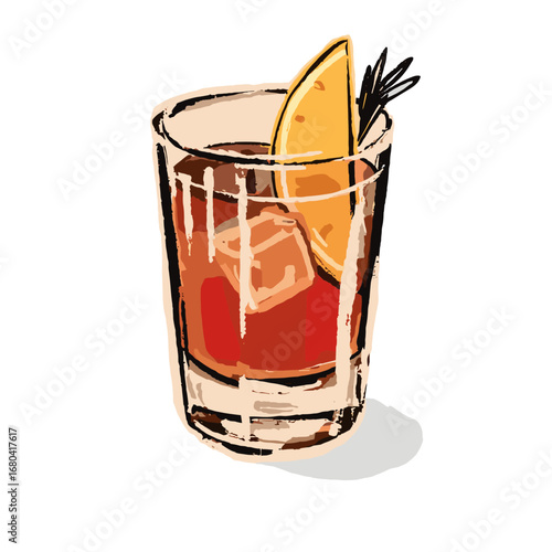 Hand drawn illustration of a classic cocktail on the rocks. Sketch of a refreshing alcoholic drink like a Negroni or Old Fashioned with an orange slice garnish.