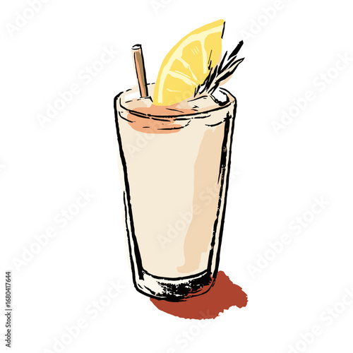Hand drawn illustration of a refreshing summer cocktail with a lemon wedge and rosemary garnish. Sketchy style drink in a tall glass on a transparent background.