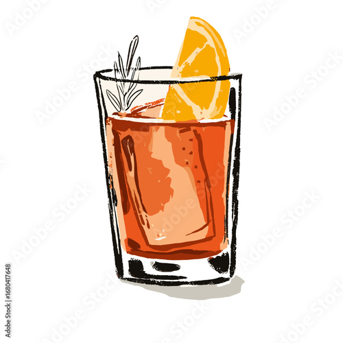 Hand-drawn illustration of a refreshing orange cocktail with a large ice cube. Sketchy style alcoholic beverage with rosemary and orange slice garnish on a transparent background.