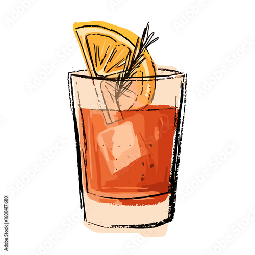 Hand-drawn illustration of a classic cocktail with an orange slice and rosemary garnish. Sketchy alcoholic beverage in a rocks glass isolated on white.