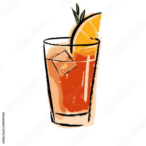 Hand-drawn illustration of a refreshing orange cocktail. Summer drink in a glass with ice cubes, an orange slice, and a herb garnish on a transparent background.