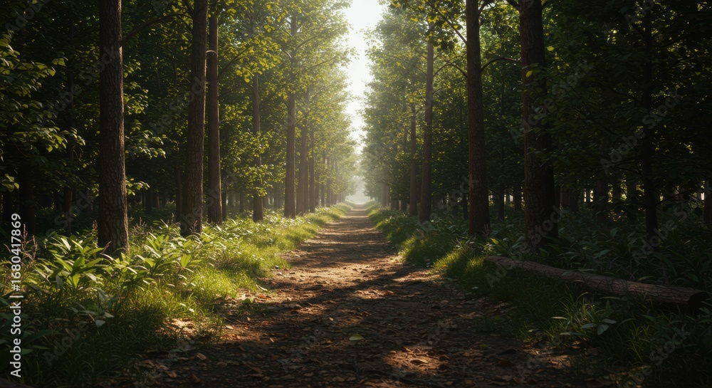 Fototapeta premium Sunlit Path Through a Lush Green Forest