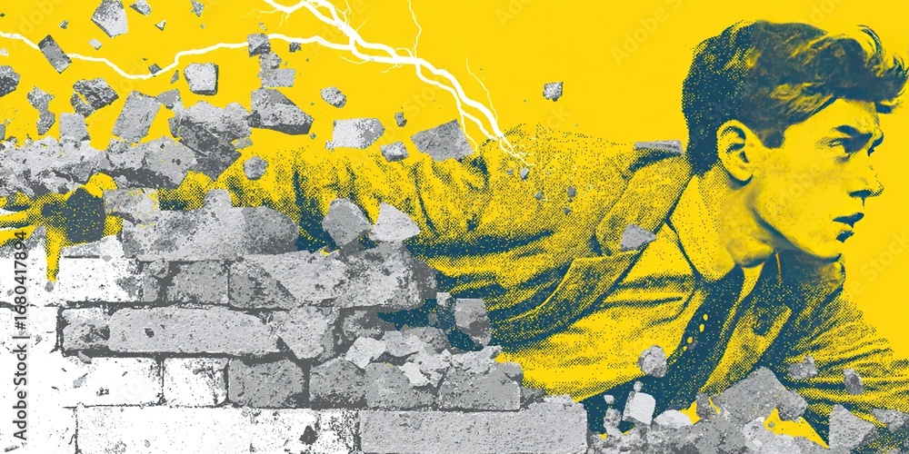 Fototapeta premium Abstract Illustration: Young Man Breaking Wall, Yellow Tone Gray Background, Close-Up with Lightning on White, Black Leather Jacket & Jeans, Comic Book Panel Graphic Design, High-Res Full-Body Portrai