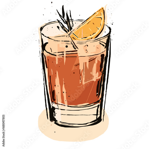 Hand-drawn sketch illustration of a refreshing cocktail with an orange slice and rosemary garnish. Artistic vector drawing of a mixed drink in a glass.