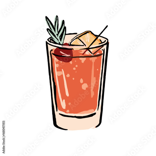 Hand-drawn illustration of a refreshing cocktail with rosemary and cherry garnish. Sketchy style alcoholic beverage in a glass on a transparent background.