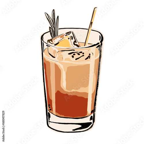 Hand drawn illustration of a refreshing iced cocktail with rosemary and lemon garnish. Sketchy artistic drink in a glass on a transparent background.
