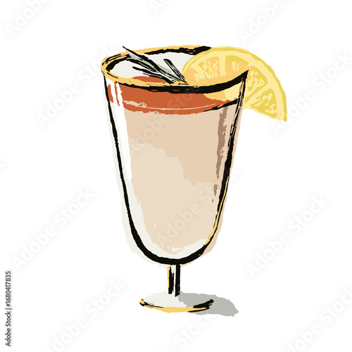 Stylized illustration of a refreshing cocktail in a glass. Hand-drawn alcoholic beverage with a lemon slice and rosemary garnish on a transparent background.