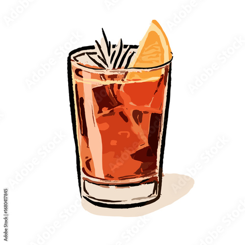 Hand-drawn illustration of a classic Negroni cocktail with an orange slice and rosemary garnish. Stylized vector art of a refreshing alcoholic beverage on a transparent background.