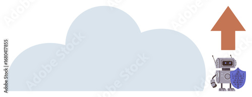 Cloud with robot holding shield and upward arrow representing secure data transfer. Ideal for technology, cloud computing, data protection, cybersecurity, AI innovation, network, simple flat metaphor