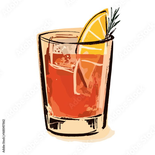 Hand drawn illustration of a classic Negroni cocktail with an orange slice and rosemary garnish. Refreshing alcoholic beverage in a glass with ice.