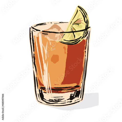 Hand-drawn illustration of a classic cocktail on the rocks. Alcoholic beverage in a glass with ice and a lime wedge garnish.