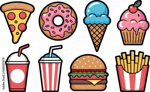 A cheerful collection of popular fast food items is displayed in this image. Pizza, donuts, ice cream, cupcakes, drinks, hamburgers, and fries are all rendered in a bright, cartoon-like style.