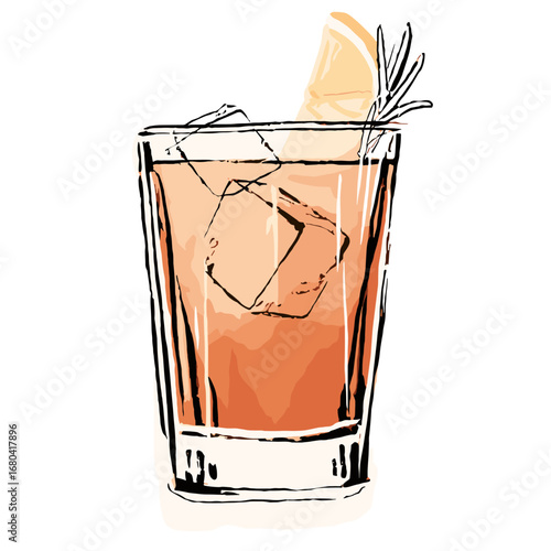 Hand-drawn illustration of a refreshing cocktail. Sketchy style alcoholic drink with ice, lemon wedge, and rosemary garnish on a transparent background.