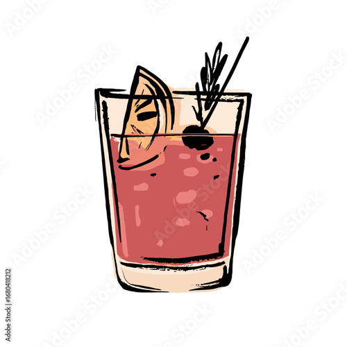 Hand-drawn illustration of a refreshing cocktail with an orange slice and rosemary garnish. Sketchy alcoholic beverage in a glass isolated on white.