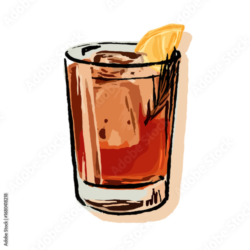 Hand drawn illustration of a classic cocktail with ice and garnish. Sketchy style alcoholic beverage in a glass with a citrus slice and rosemary sprig.