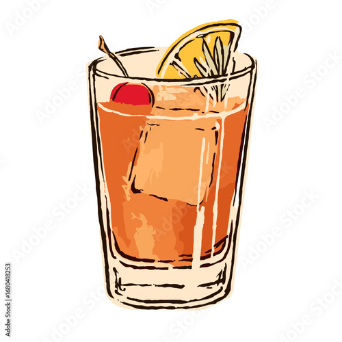 Hand-drawn illustration of a classic cocktail with ice, lemon slice, and cherry garnish. Vintage style alcoholic beverage on a transparent background.