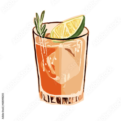 Vector illustration of a refreshing cocktail drink in a glass with ice cubes, garnished with a lime wedge and a sprig of rosemary.